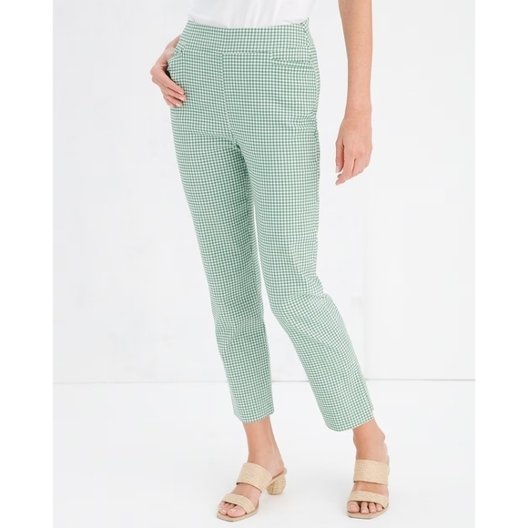 Chico's Brigitte Green White Gingham Pull On High Vent Crop Pants Pockets - Picture 4 of 12